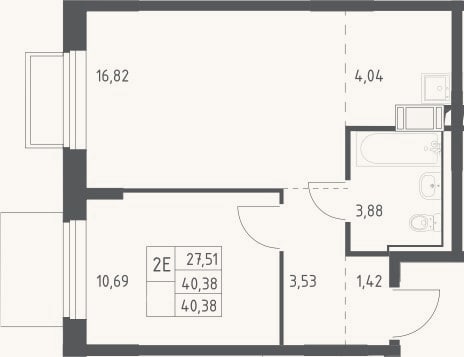 Планировка: 2-к, 40,4 м²