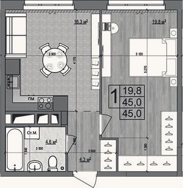 Планировка: 2-к, 45 м²