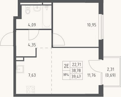 Планировка: 2-к, 38,8 м²