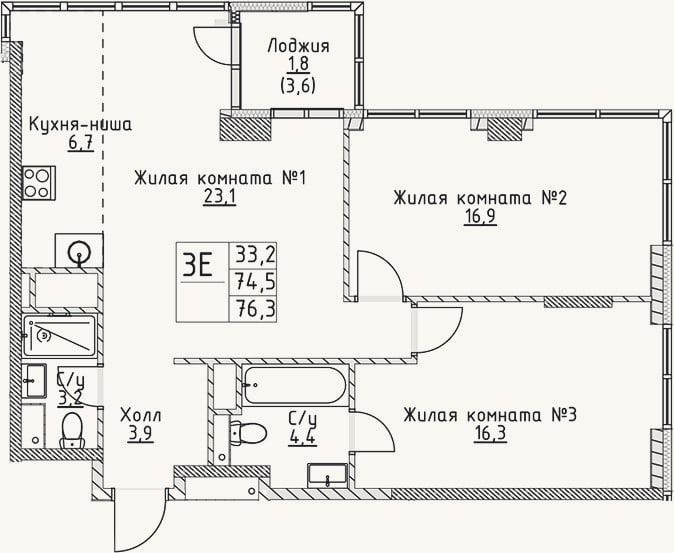 Планировка: 3-к, 74,5 м²