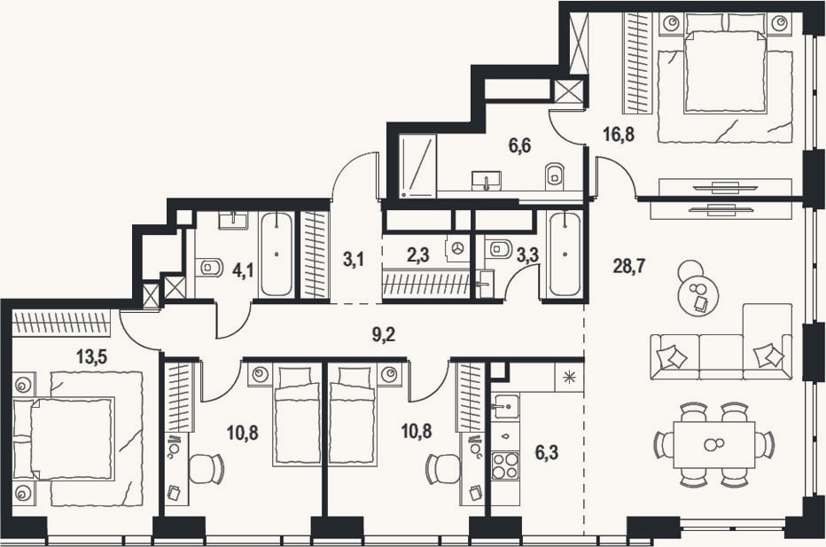 Планировка: 4+ к, 115,5 м²