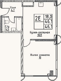 Планировка: 2-к, 46,1 м²