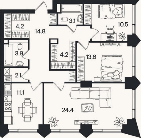 Планировка: 3-к, 91,9 м²