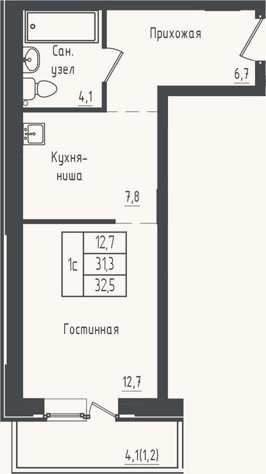 Планировка: Студия, 31,3 м²