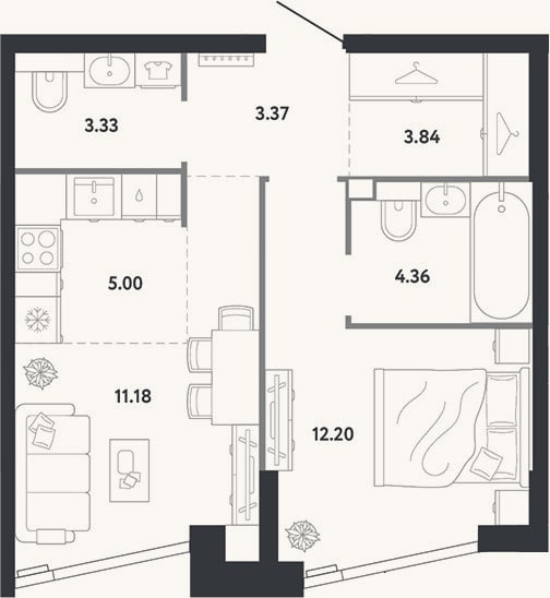 Планировка: 1-к, 43,3 м²