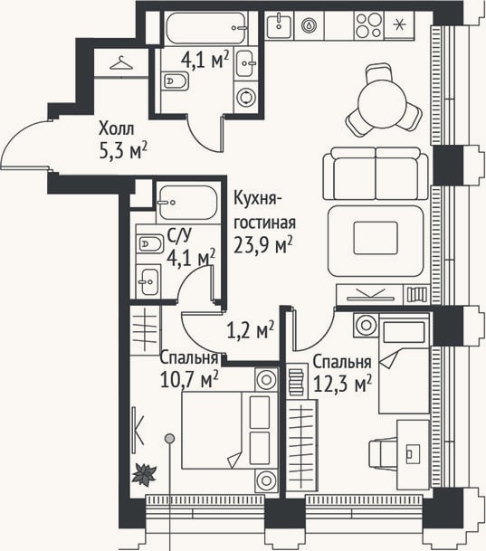Планировка: 3-к, 61,6 м²