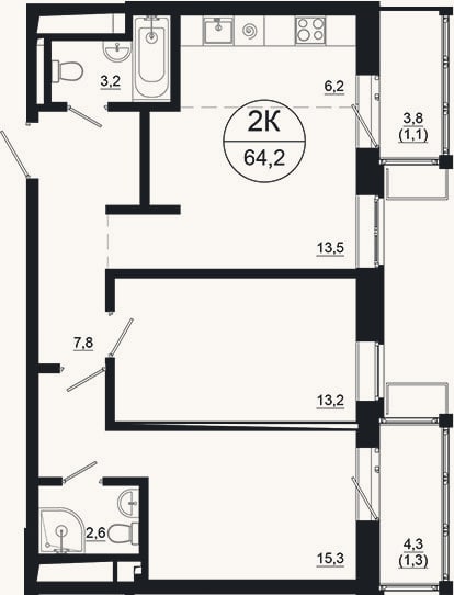 Планировка: 3-к, 61,8 м²