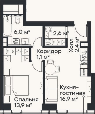 Планировка: 2-к, 42,9 м²