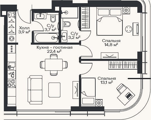 Планировка: 3-к, 59,9 м²