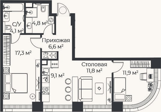 Планировка: 3-к, 65,6 м²
