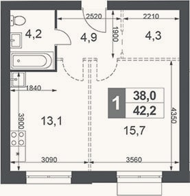 Планировка: 1-к, 42,2 м²