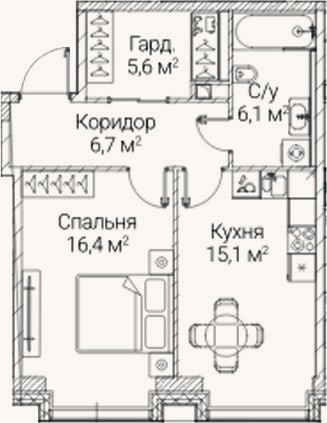Планировка: 1-к, 49,9 м²