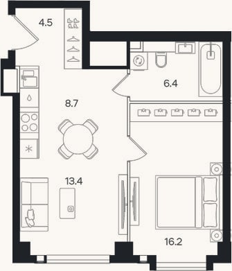 Планировка: 2-к, 49,2 м²