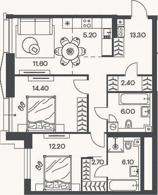 Планировка: 3-к, 73,9 м²