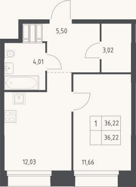 Планировка: 1-к, 36,2 м²