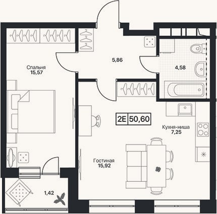 Планировка: 2-к, 49,2 м²