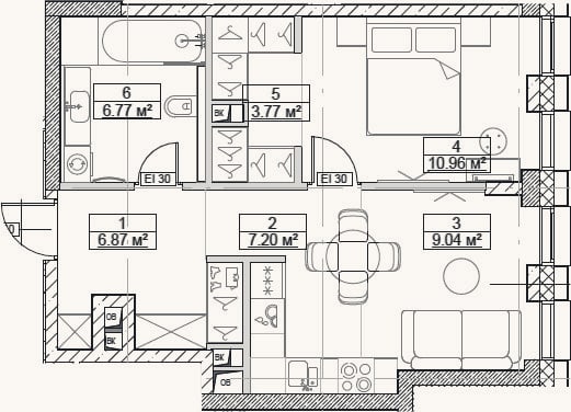 Планировка: 2-к, 44,6 м²