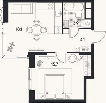 Планировка: 2-к, 41,8 м²