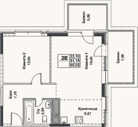 Планировка: 2-к, 51,2 м²