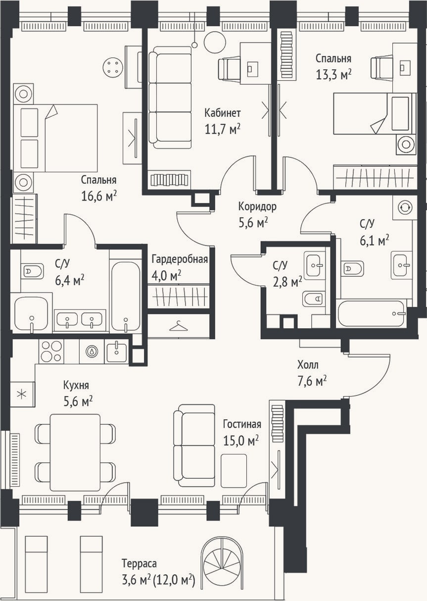 Планировка: 4+ к, 94,6 м²