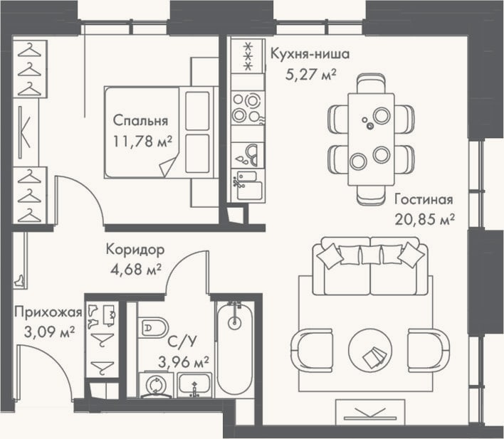 Планировка: 2-к, 49,6 м²