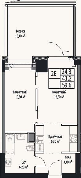 Планировка: 2-к, 41,2 м²