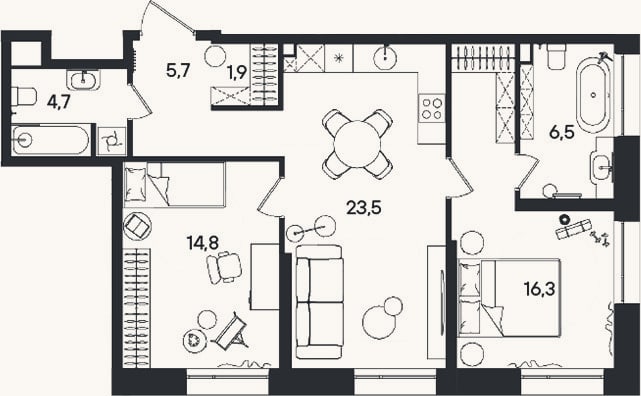 Планировка: 3-к, 73,4 м²