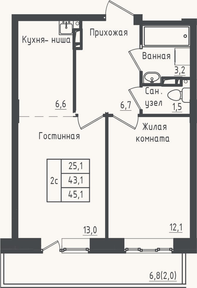 Планировка: 2-к, 43,1 м²