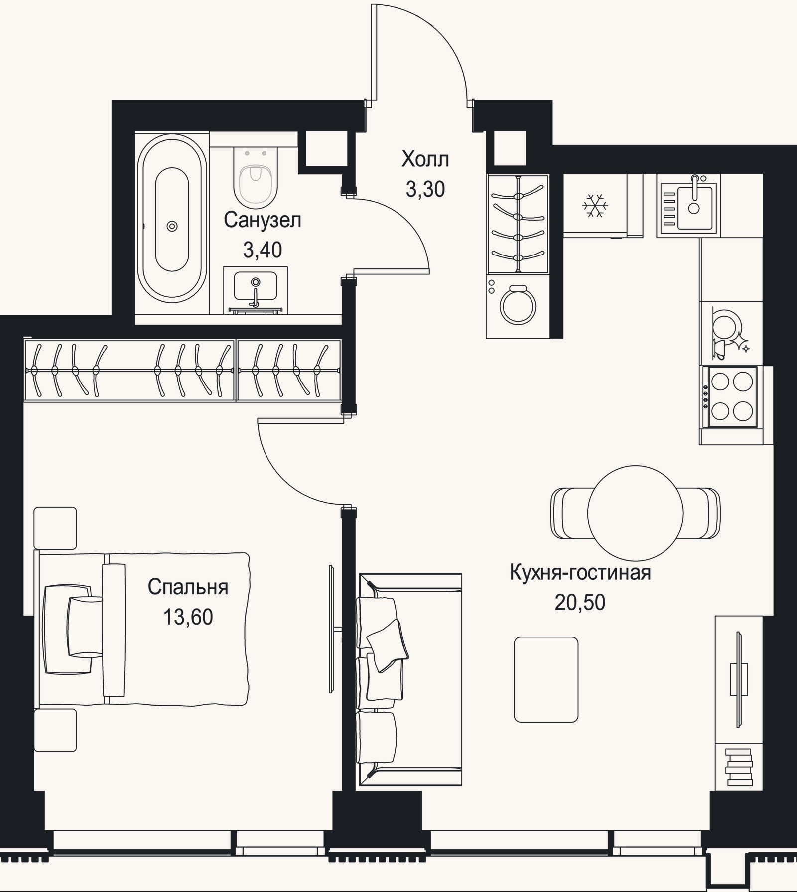 Планировка: 2-к, 40,8 м²