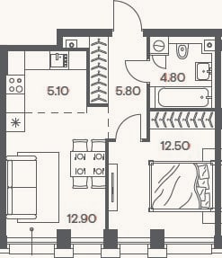 Планировка: 2-к, 41,1 м²