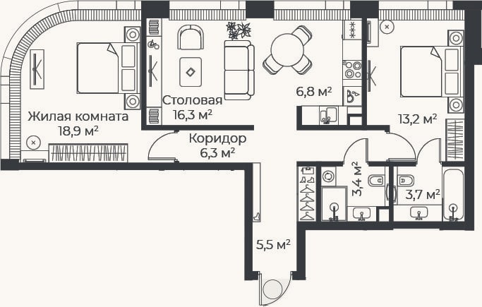 Планировка: 3-к, 74,1 м²