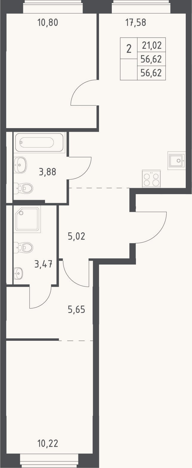 Планировка: 3-к, 56,6 м²