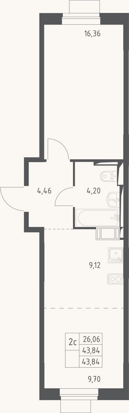 Планировка: 2-к, 43,8 м²