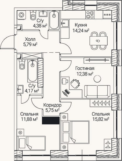 Планировка: 3-к, 74,4 м²