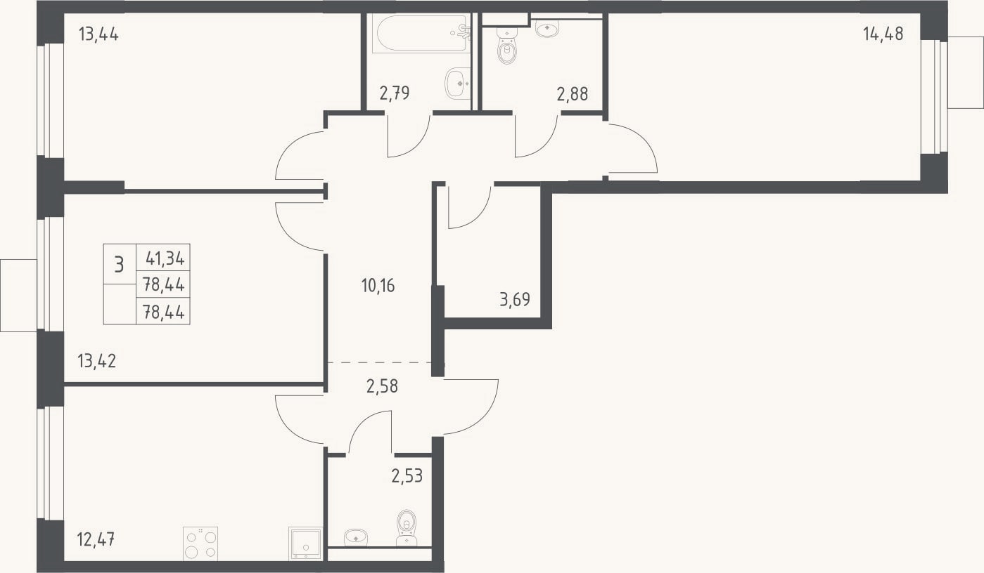 Планировка: 3-к, 78,4 м²