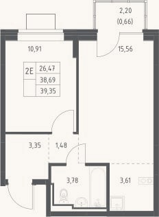 Планировка: 2-к, 38,7 м²