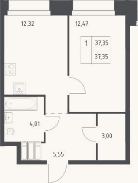 Планировка: 1-к, 37,4 м²
