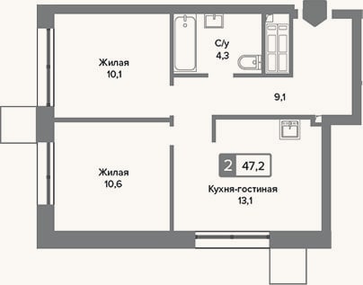 Планировка: 3-к, 47,2 м²