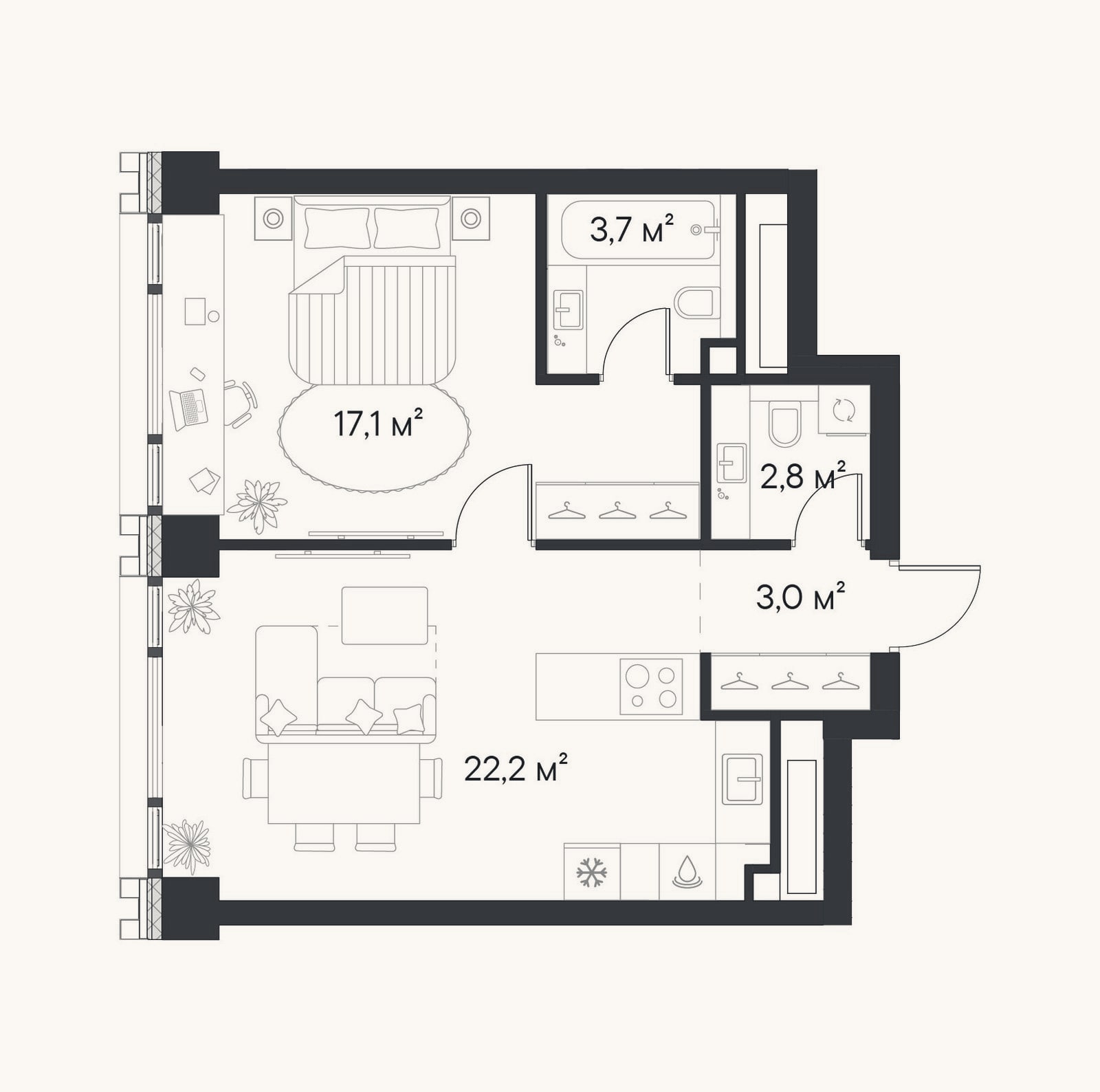 Планировка: 1-к, 48,8 м²
