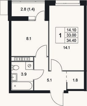 Планировка: 1-к, 33 м²