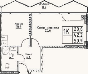 Планировка: 1-к, 42,2 м²