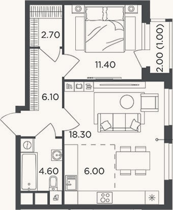 Планировка: 2-к, 49,1 м²