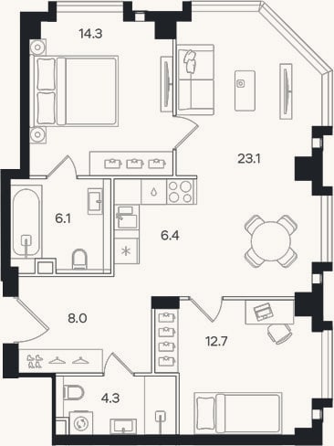 Планировка: 3-к, 74,9 м²