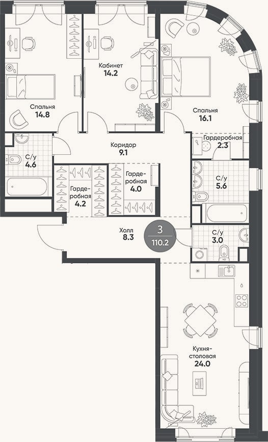 Планировка: 4+ к, 110,2 м²