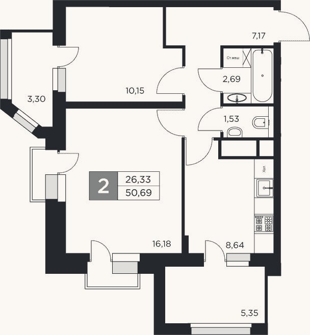 Планировка: 2-к, 46,4 м²