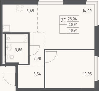 Планировка: 2-к, 40,9 м²