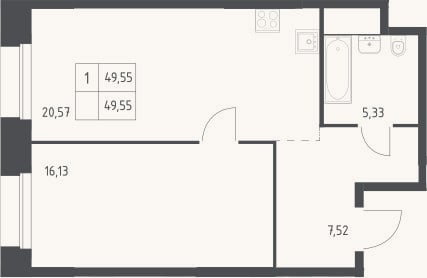 Планировка: 1-к, 49,6 м²
