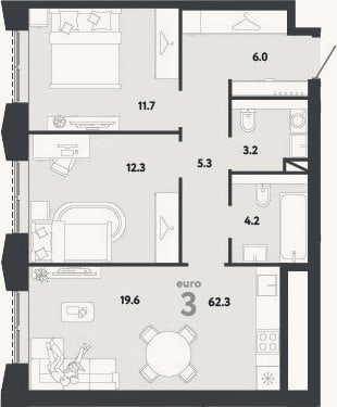 Планировка: 3-к, 62,3 м²
