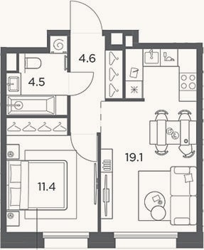 Планировка: 2-к, 39,6 м²