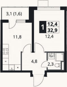 Планировка: 1-к, 31,3 м²